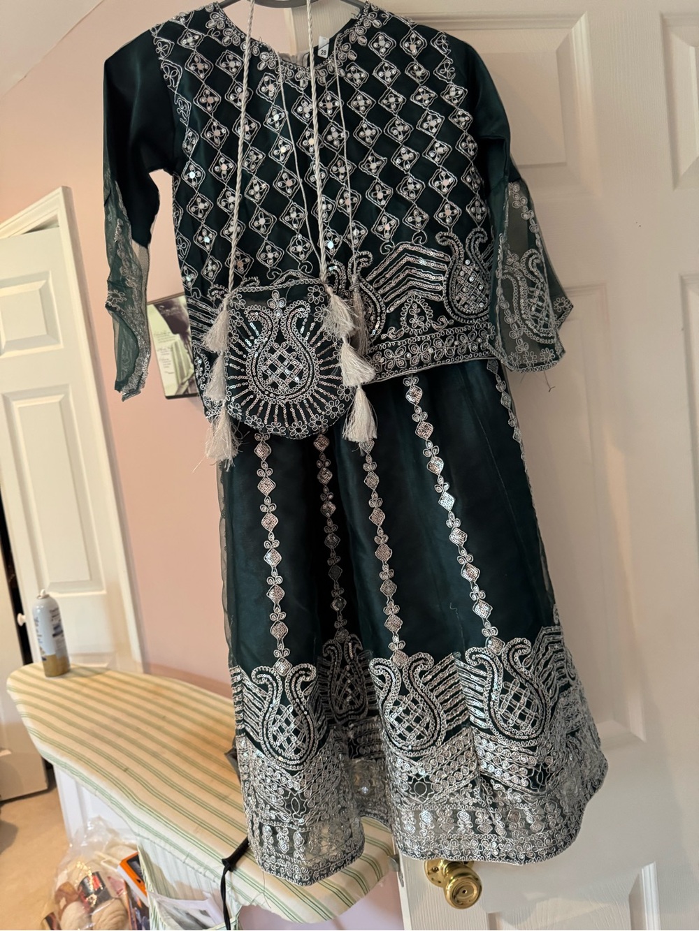 Embroidered Dark Green Ethnic Two-Piece Set with Silver Detailing